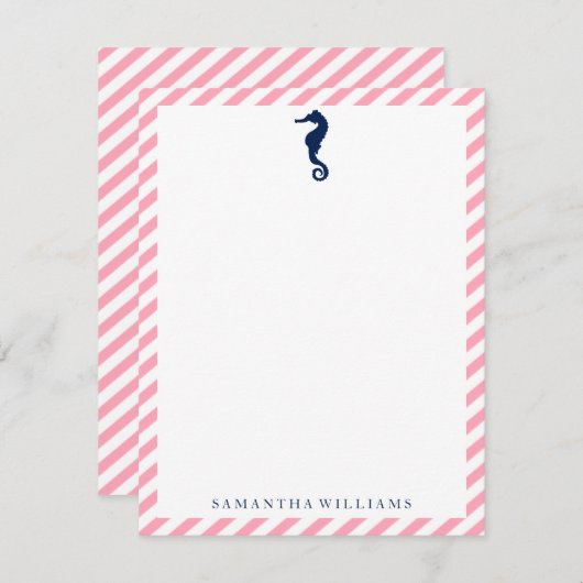 ピンクのストライプのメモカードに青い海の馬 招待状 (正面/裏面)