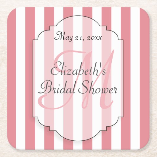 ピンクのストライプのモノグラムのPersoalizedのペーパーコースター スクエアペーパーコースター (正面)
