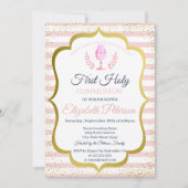 ピンクのストライプの紙吹雪 ファースト・ホーリー・コミュニオン 招待状 (正面)