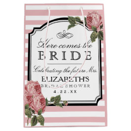 ピンクのストライプの花のブライダルシャワーは色をカスタマイズ ミディアムペーパーバッグ