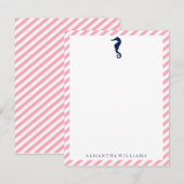 ピンクのストライプの葉書 - 青い海の馬 招待状 (正面/裏面)