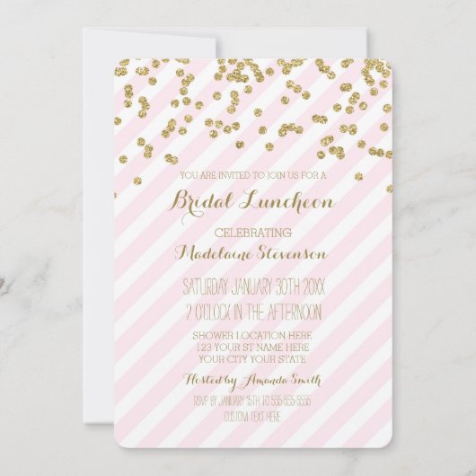 ピンクのストライプの金ゴールドの花嫁の昼食の招待状 招待状 (裏面)