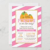 ピンクのストライプの金ゴールド少しカボチャ秋のベビーシャワー 招待状 (正面)