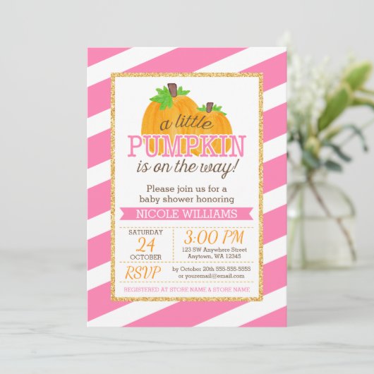 ピンクのストライプの金ゴールド少しカボチャ秋のベビーシャワー 招待状 (スタンド正面)