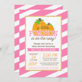 ピンクのストライプの金ゴールド少しカボチャ秋のベビーシャワー 招待状 (正面/裏面)