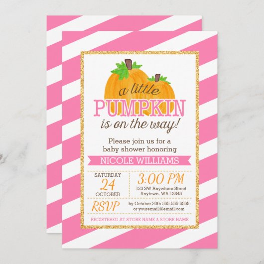 ピンクのストライプの金ゴールド少しカボチャ秋のベビーシャワー 招待状 (正面/裏面)