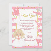 ピンクのストライプの金髪の少女 初めての聖体拝領 サンキューカード (正面)