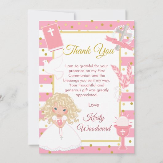 ピンクのストライプの金髪の少女 初めての聖体拝領 サンキューカード (正面)