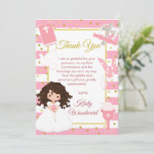 ピンクのストライプの黒髪の少女 初めての聖体拝領 サンキューカード (スタンド正面)