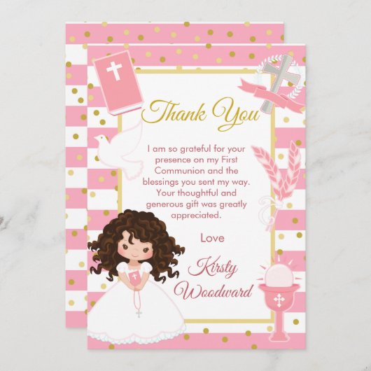 ピンクのストライプの黒髪の少女 初めての聖体拝領 サンキューカード (正面/裏面)