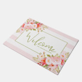 ピンクのストライプフローラと牡丹の歓迎の形式 ドアマット (アングル)