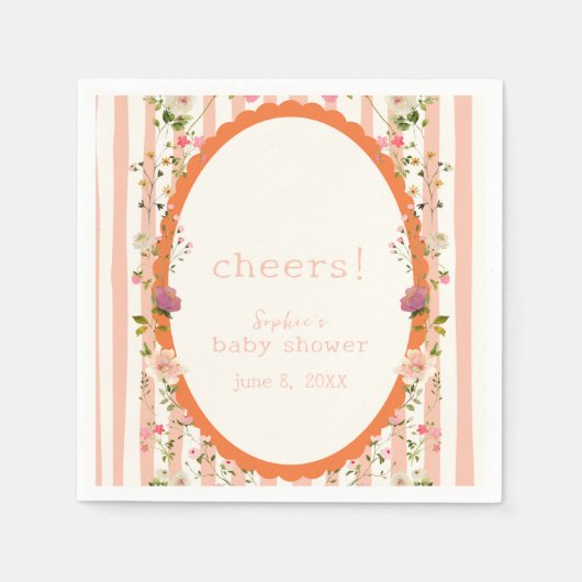 ピンクのストライプフローラガーデン赤ちゃんシャワー スタンダードカクテルナプキン (正面)
