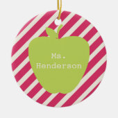 ピンクのストライプ及びAppleの緑の先生 セラミックオーナメント (正面)