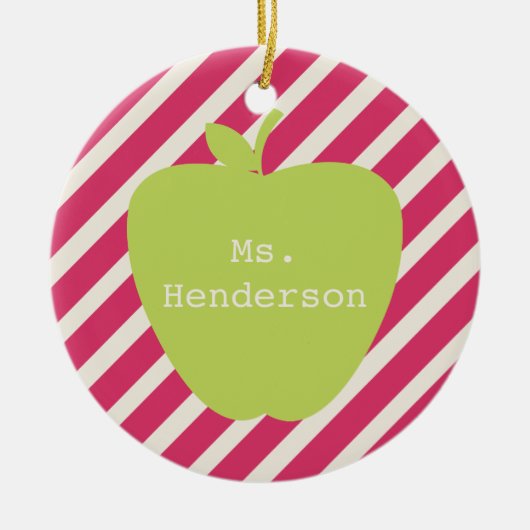 ピンクのストライプ及びAppleの緑の先生 セラミックオーナメント (正面)