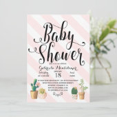 ピンクのストライプ愛は甘いサボテンの赤ちゃんシャワーを育てる 招待状 (スタンド正面)