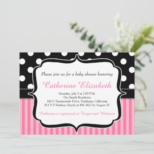 ピンクのストライプ水玉模様、ベビーシャワー招待状 招待状 (スタンド正面)