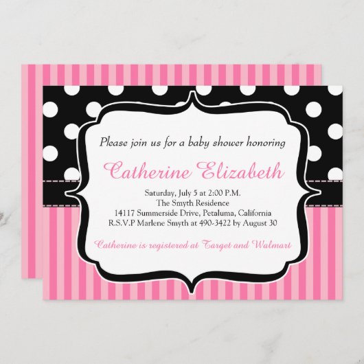 ピンクのストライプ水玉模様、ベビーシャワー招待状 招待状 (正面/裏面)