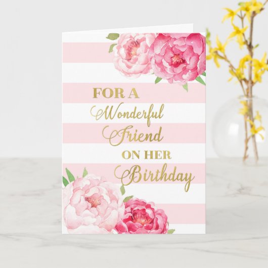 ピンクのストライプ誕生日と花の友人カード カード (黄色い花)