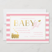 ピンクのストライプ金ゴールドトレイン赤ん坊の女の子シャワー 招待状 (正面)