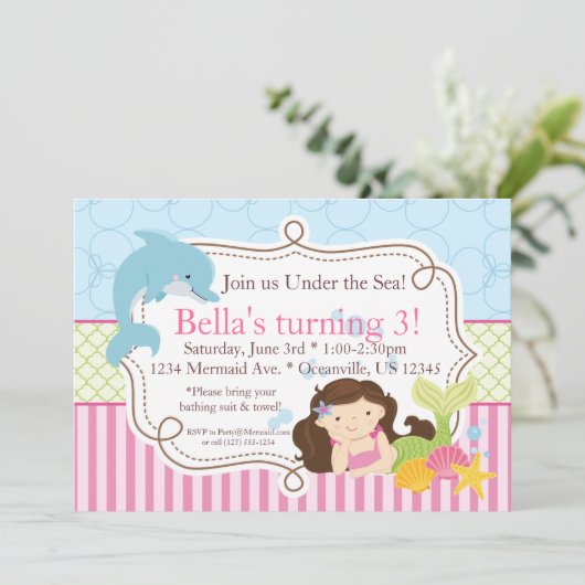 ピンクのストライプ、イルカおよび人魚の誕生会 招待状 (スタンド正面)