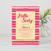 ピンクのストライプ カラフル ハロー 60 ガーリー 誕生日 招待状 (スタンド正面)