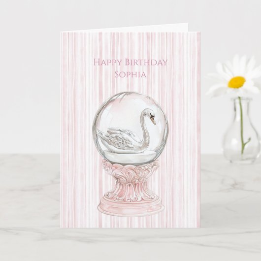 ピンクのストライプ スワン 誕生日 カード (小さな植物)