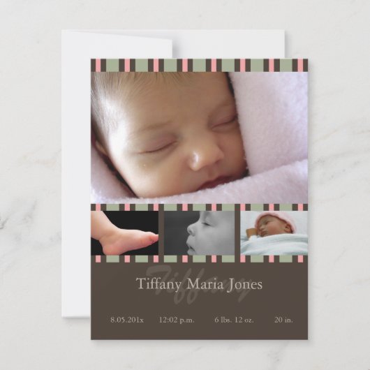 ピンクのストライプ 出生発表 案内状 (正面)