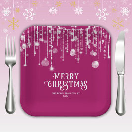 ピンクのストリングライト クリスマスパーティー ペーパープレート