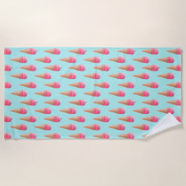 ピンクのストロベリーアイスクリームコーンパターン、青 ビーチタオル