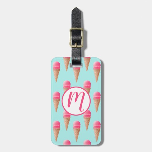 ピンクのストロベリーアイスクリームコーンパターン、青 ラゲッジタグ (正面縦)