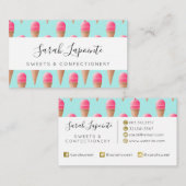 ピンクのストロベリーアイスクリームコーンパターン、青 名刺 (正面/裏面)