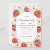 ピンクのストロベリーベリースウィートギンガムベビーシャワー 招待状 (正面)