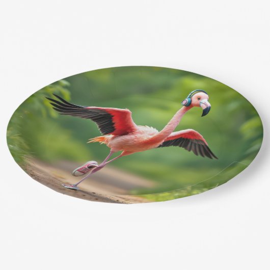 ピンクのスニーカーとハイトップを持つフラミンゴジョギング ペーパープレート (アングル)