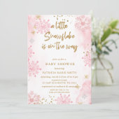 ピンクのスノーフレークがWAY冬の赤ちゃんシャワー 招待状 (スタンド正面)