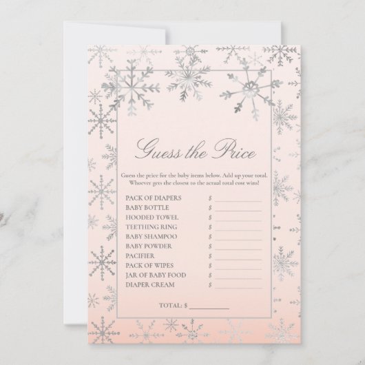 ピンクのスノーフレークは、価格ベビーシャワーゲームを推測 招待状 (正面)