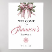 ピンクのスノーフレークウェルカムサイン | 冬のシャワー ポスター (正面)