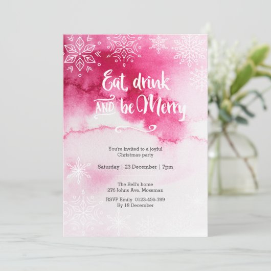 ピンクのスノーフレーククリスマスパーティの招待状 招待状 (スタンド正面)