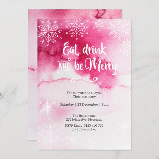 ピンクのスノーフレーククリスマスパーティの招待状 招待状 (正面/裏面)