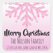 ピンクのスノーフレークパーソナライズされたクリスマス スクエアシール (正面)