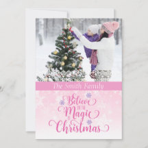 ピンクのスノーフレーク写真クリスマスカード