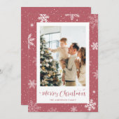 ピンクのスノーフレーク写真クリスマスカード シーズンカード (正面/裏面)
