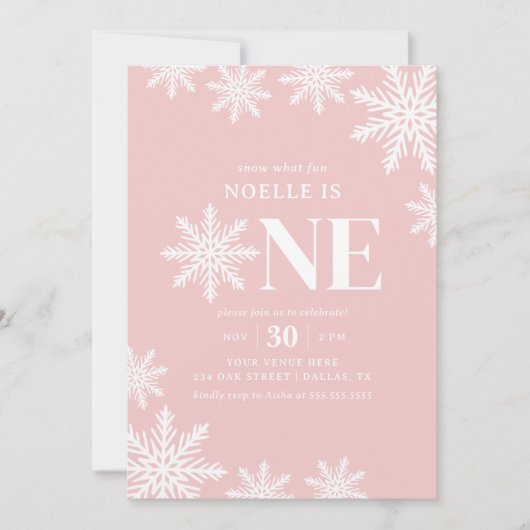 ピンクのスノーフレーク冬の女の子1st誕生日 招待状 (正面)