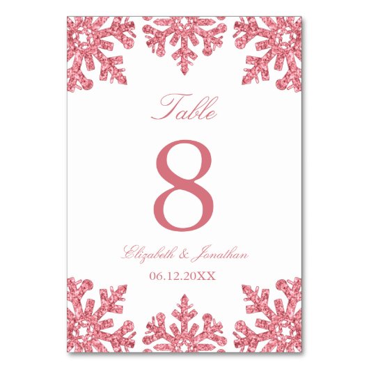 ピンクのスノーフレーク冬の結婚式 テーブルナンバー (正面)