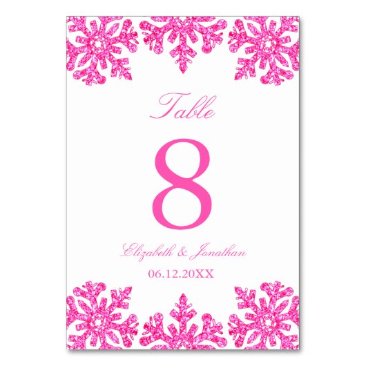 ピンクのスノーフレーク冬の結婚式 テーブルナンバー (正面)