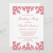 ピンクのスノーフレーク冬の誕生日パーティー 招待状 (正面/裏面)