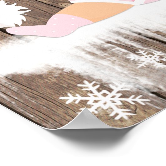 ピンクのスノーフレーク冬の赤ちゃんシャワーサイン ポスター (角)