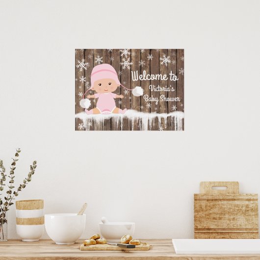 ピンクのスノーフレーク冬の赤ちゃんシャワーサイン ポスター (キッチン)