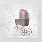 ピンクのスノーフレーク冬ワンダーランド赤ちゃんシャワー 招待状 (正面/裏面)