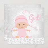 ピンクのスノーフレーク冬ワンダーランド赤ちゃんシャワー 招待状 (正面/裏面)