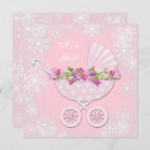 ピンクのスノーフレーク冬ワンダーランド赤ちゃんシャワー 招待状 (正面/裏面)